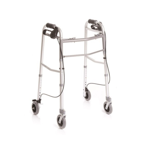 Deambulatore fisso pieghevole con due ruote grandi piroettanti e due posteriori grandi fisse con freno azionabile a mano